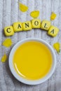 Canola with oil concept on gray wood Royalty Free Stock Photo