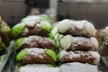 Canolli Sicilian with pistachio and ricotta cream traditional Italian sweets Royalty Free Stock Photo