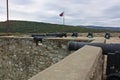 Canons along outer wall of Fort Ticonderoga in Ticonderoga, New York, USA, in the fall