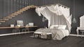 Canopy bed in minimalistic gray bedroom with home workplace, scandinavian classic interior design