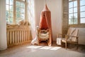 canopy over crib close to window in cozy kids room