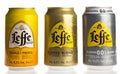 Cans of belgian Leffe Blond and Tripel beer isolated on white