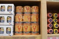 Cans with soup of lobster in a tourist shop in normandy france