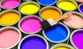 cans of coloured paint and brush. 3d render Royalty Free Stock Photo