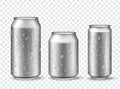 Cans with condensation. Cold aluminum beer, energy drink or lemonade can mockups with water drops. 3d realistic metal Royalty Free Stock Photo