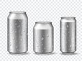 Cans with condensation. Cold aluminum beer, energy drink or lemonade can mockups with water drops. 3d realistic metal soda cans