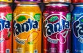 Cans of Fanta drink of different flavors in stock