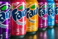 Cans of Fanta drink of different flavors in stock