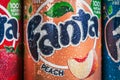 Cans of Fanta drink of different flavors in stock