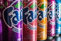 Cans of Fanta drink of different flavors in stock