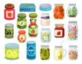 Cans and Jars with Preserved Food and Snacks Big Vector Set Royalty Free Stock Photo