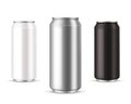 Cans metallic. Realistic aluminum can collection. White silver and black blank packaging template for cold drink, soda