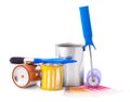 Cans of paints, roller, brush and palette samples on white background Royalty Free Stock Photo