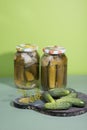 Cans of pickles and gherkins. Pickled pickles on a wooden chopping Board with herbs.