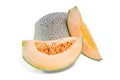 Cantaloupe or Charentais melon with half and seeds on white