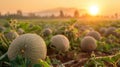 Cantaloupe field at golden hour sunset. Organic melons at fruit and berry farm