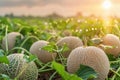Cantaloupe field after the rain at golden hour sunset. Organic melons at fruit and berry farm