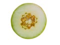 The cantaloupe image is cross-sectioned and there is fresh seed inside the fruit, the background image is isolate