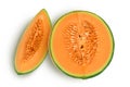 Cantaloupe melon half isolated on white background with full depth of field. Top view. Flat lay Royalty Free Stock Photo