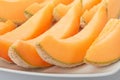 Cantaloupe melon, orange slices on dish