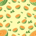 Cantaloupe Melon Pattern: Fresh Slices and Whole Fruit on Light Yellow Background Royalty Free Stock Photo