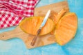 Cantaloupe melon peel on rustic table Royalty Free Stock Photo