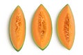 Cantaloupe melon pieces isolated on white background with full depth of field. Top view. Flat lay. Set or collection Royalty Free Stock Photo