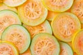 Cantaloupe melon slices as background, top view. Generative AI Royalty Free Stock Photo
