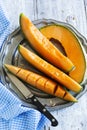 Cantaloupe melon slices on metal rustic plate. Royalty Free Stock Photo