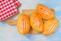 Cantaloupe melon slices on rustic wooden table, top view Royalty Free Stock Photo