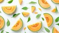 Cantaloupe melon slices on a white background with green leaves. Royalty Free Stock Photo