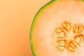 Cantaloupe Orange Melon Sliced in Half on Pastel Background,Close Up Detail Royalty Free Stock Photo