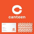 Canteen, bistro, cafe logo. Letter C with spoon, isolated on an orange background.