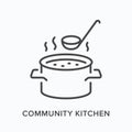 Canteen flat line icon. Vector outline illustration of community kitchen, food charity. Soup in saucepan with steam and