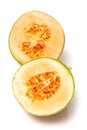 Canteloupe melon cut in half on white