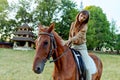 Canter on horseback. The allure of a young woman gently stroking a horse.Engage in horse therapy, nature weekends, and stress