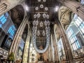 CANTERBURY, ENGLAND 8 NOV, 2018: Interior of Canterbury cathedral. Central glass chandelier
