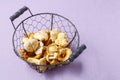 Golden chanterelle. Mushrooms in wire basket. Royalty Free Stock Photo