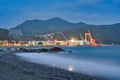 Large metal cranes in Riva Trigoso Shipyard during summer night