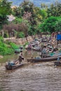 Inle Boat Station in Inle Nyaung Shwe Canal in Burma. A series of wooden fishing boats along the river generated by Inle Lake Royalty Free Stock Photo