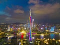 Canton Tower with Zhujiang New Town as background in the evening