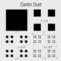 CANTOR DUST. Fractal geometry exercise with square that progressively divides into smaller squares in black color on a white