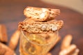 Cantuccini italian cookies with almonds and liquor vin santo Royalty Free Stock Photo