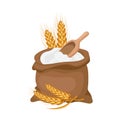 A canvas bag with flour, a wooden spatula and ears of wheat and rye. Agriculture icon, design element Royalty Free Stock Photo