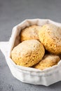 Canvas bag with homemade scone with cheese, thyme and pieces of cheese. Freshly baked delicious English scones.