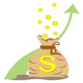 canvas bag on rope with money and gold coins flying from above. growth arrow is up. concept of savings income, growth