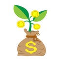 canvas bag with rope is stuffed with coins and money from which young sprout grows. concept of Growth, increased earnings, capital