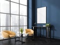 Canvas in blue and black living room with yellow armchairs. Corner view Royalty Free Stock Photo