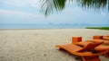 Beach bed ,canvas beds or trampoline with palm tree in sea beach for tourists to rest on summer holiday with bright blue sky Royalty Free Stock Photo