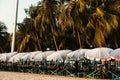 Beach bed ,canvas beds or trampoline with palm tree in sea beach for tourists to rest on summer holiday with bright blue sky Royalty Free Stock Photo